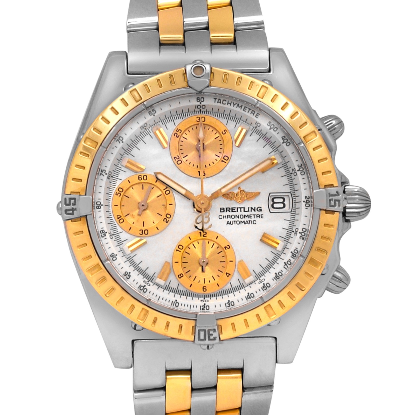 Breitling Chronomat D13352 Auto 39mm MOP White Dial YG 18k TT Bezel/Band .Papers