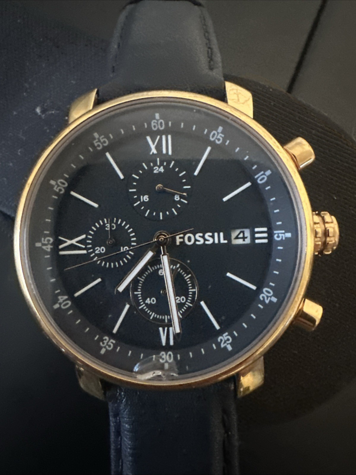 Fossil Rhett 42mm Rose Gold Stainless Steel Navy Leather Band Blue Dial Men’s