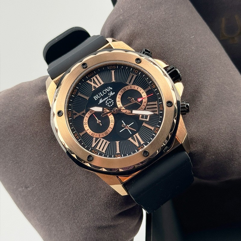 Bulova Marine Star 98B104 Black Dial Black Rubber Strap Men’s Quartz Watch 44mm