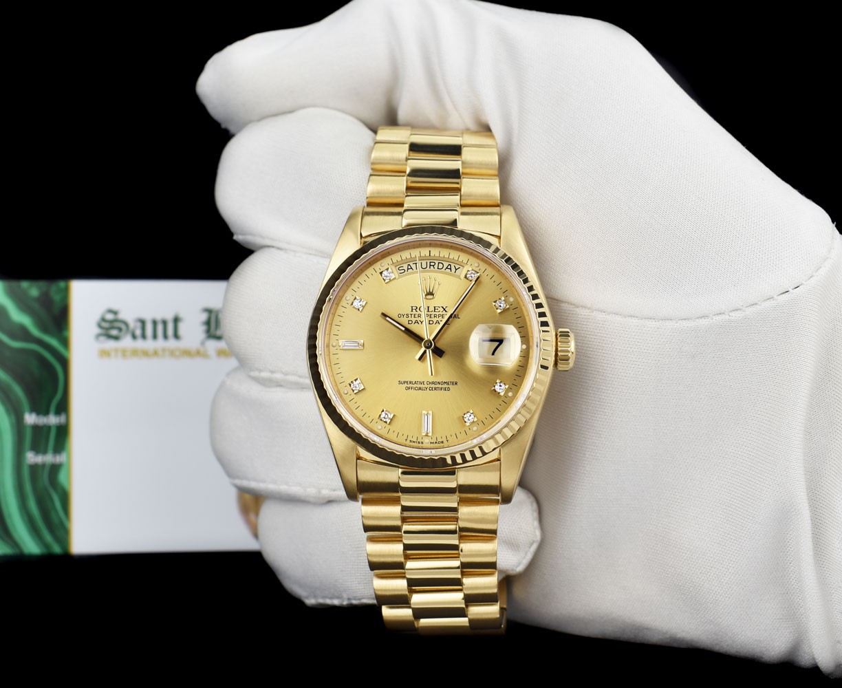 ROLEX 18kt Gold Day Date President Champagne Diamond T Swiss Dial Model 18038
