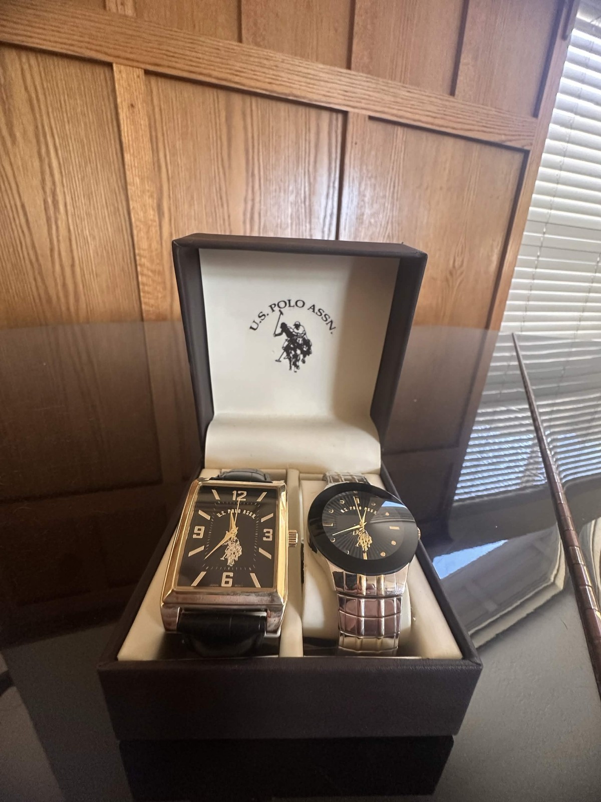 US Polo Assn Mens 2 Watch Gift Set Black Gold Leather + Bracelet New in Box