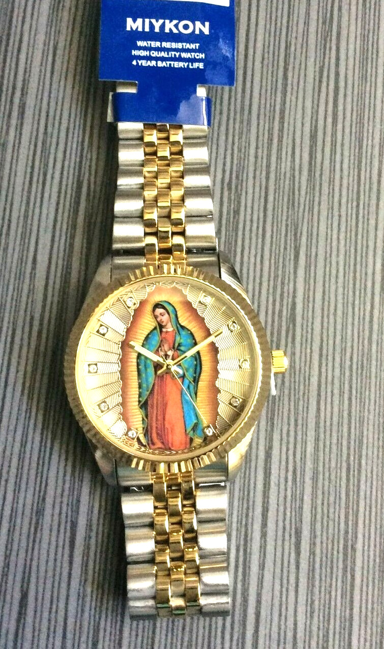 Miykon Men’s Watch Image Guadalupe/Virgen Mary Gold Dial Crystal Hours New!