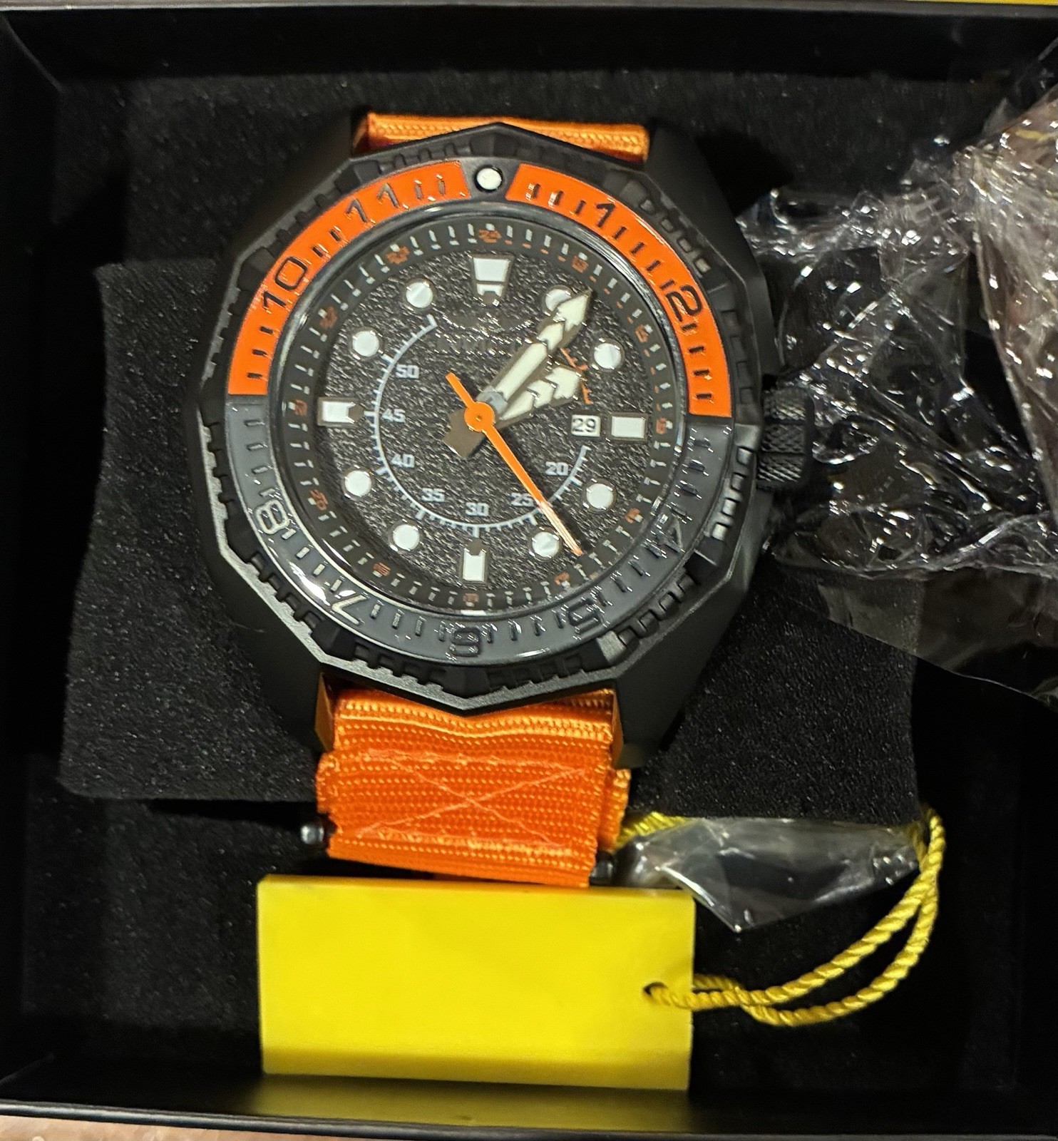 Invicta Akula Men’s Quartz Chronograph Date 55mm Black Dial Orange Nylon Box