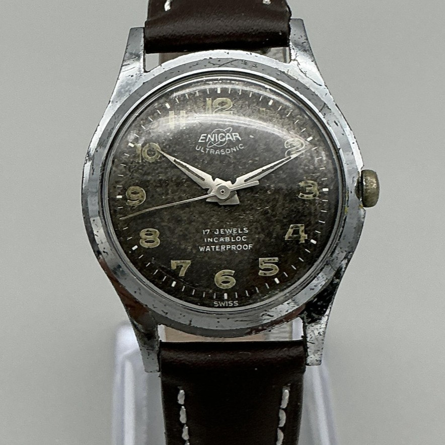 Vintage Enicar Ultrasonic Mens Watch 30mm 57-1MSB Brown Leather Anti-Magnetic