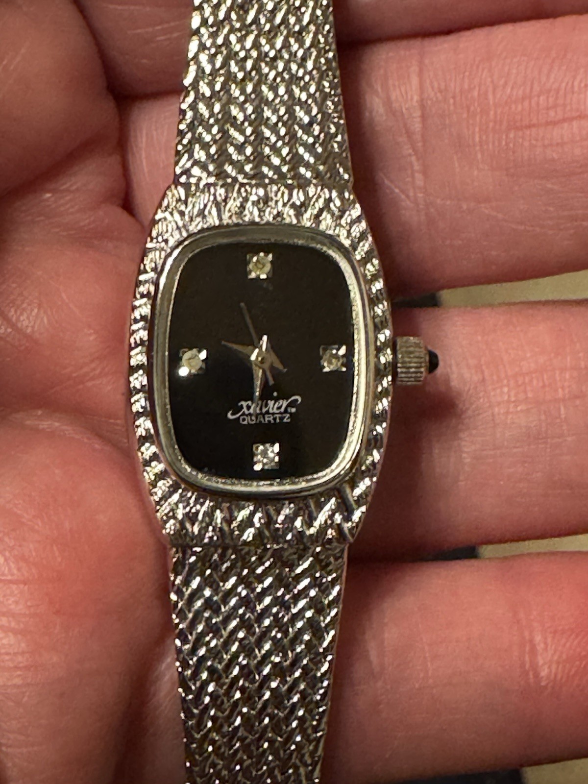 Vintage Xavier Quartz Genuine Diamonds Women’s Watch Black Dial Silver Bracelet
