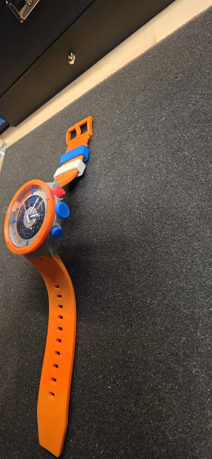 Swatch NASA Launch Chronograph Quartz Wristwatch 47mm Orange, Blue/White Strap