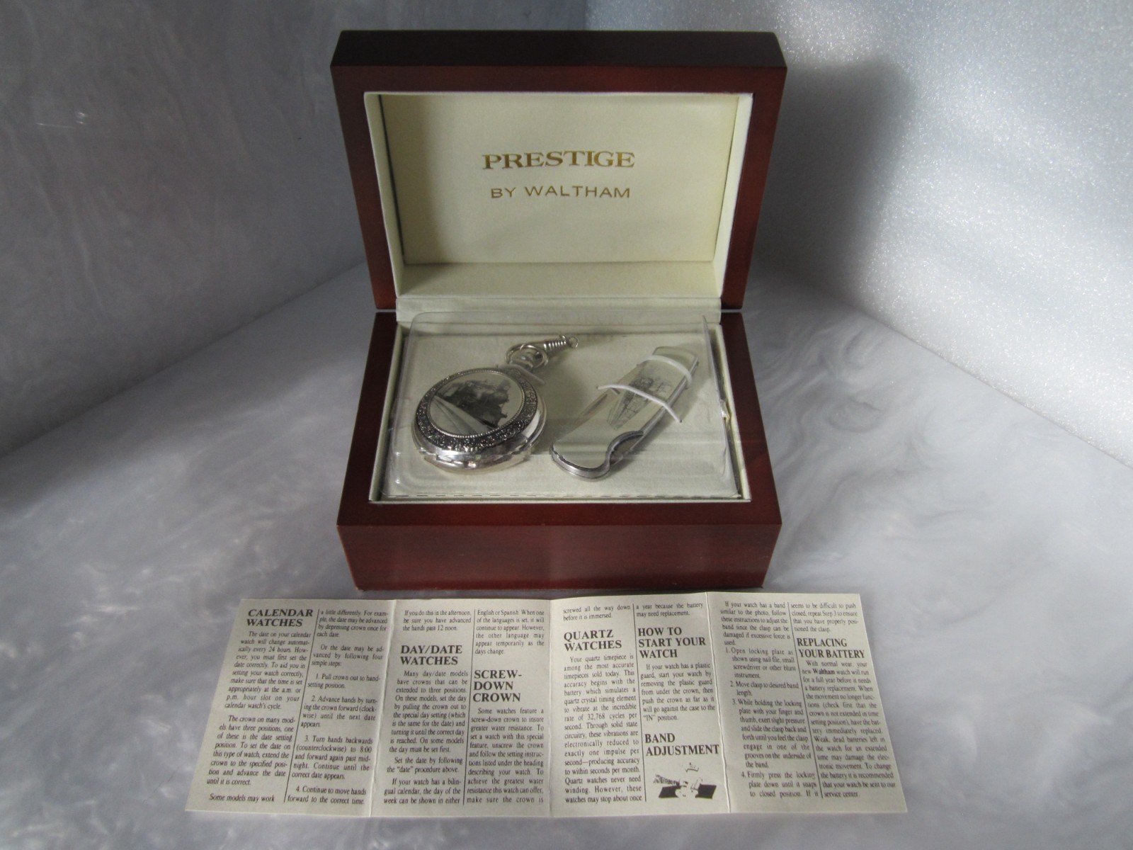 BEAUTIFUL VINTAGE PRESTIGE BY WALTHAM RAILROAD POCKET WATCH & FOLDING KNIFE SET