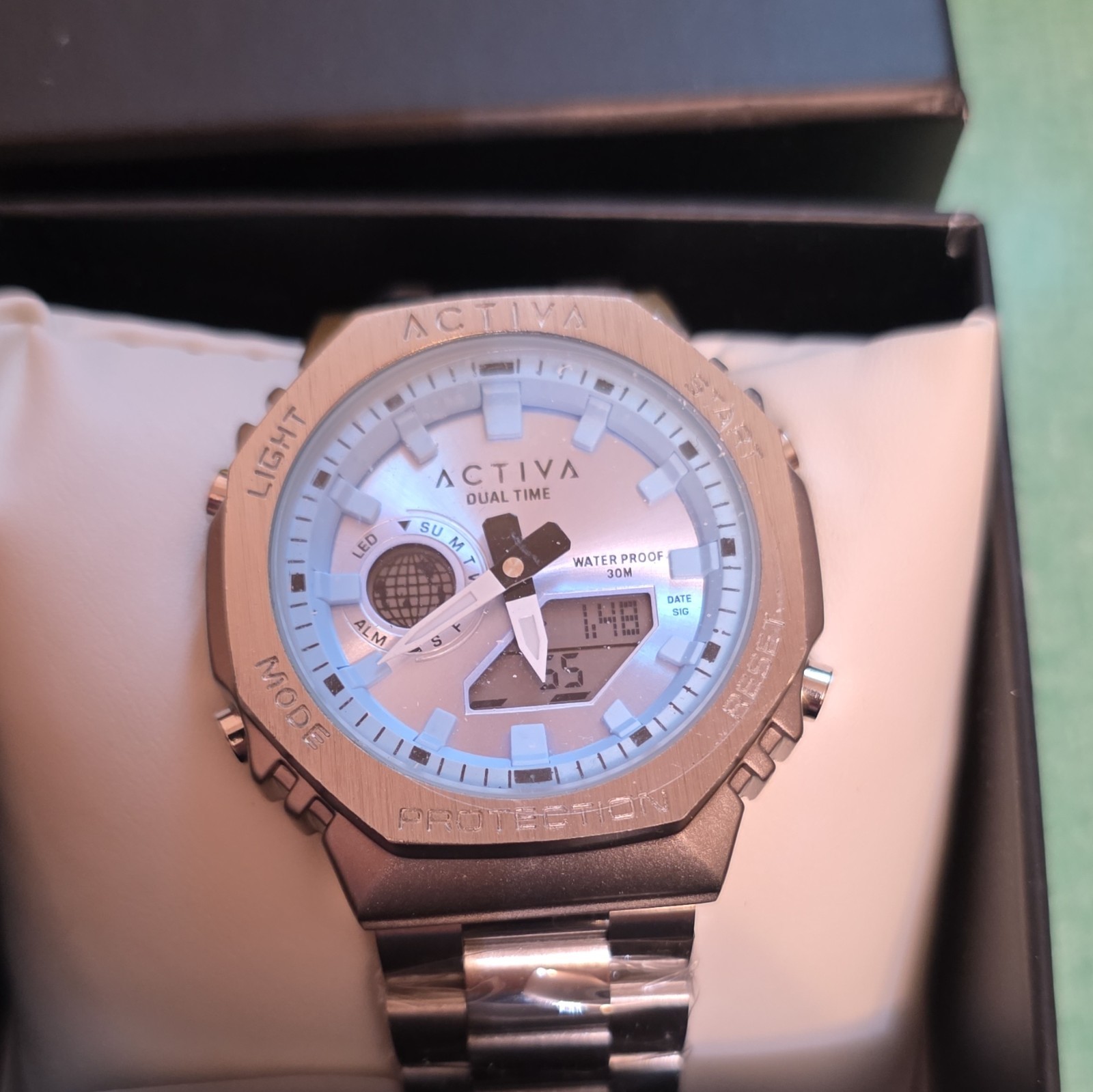 Activa Dual Time Quartz Analog-Digital Silver SS Bracelet Day/Date ACWM423-003