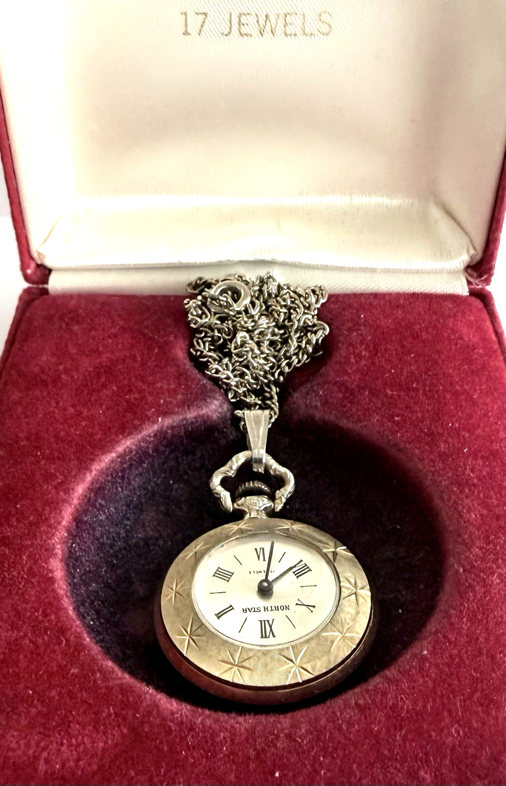 Vintage Mid Century Starburst Pendant Watch North Star 17J Necklace Box Paper