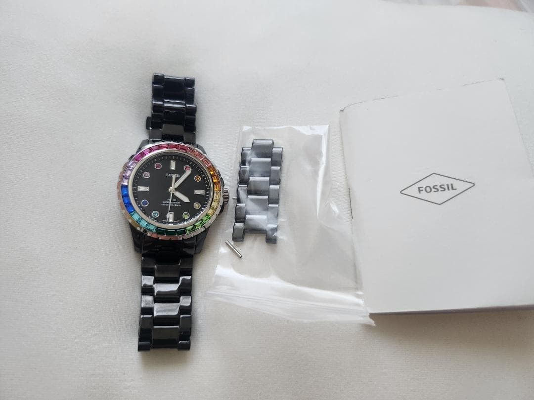 FOSSIL FB-01 CE1130 Quartz Black Ceramic Rainbow Bezel Women’s Watch