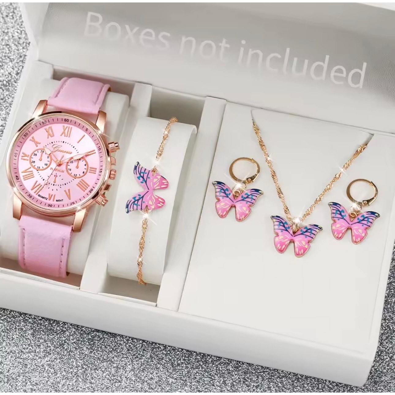 5PCS Pink Leather Quartz Watch with Butterfly Charm Necklace Gift Set for her