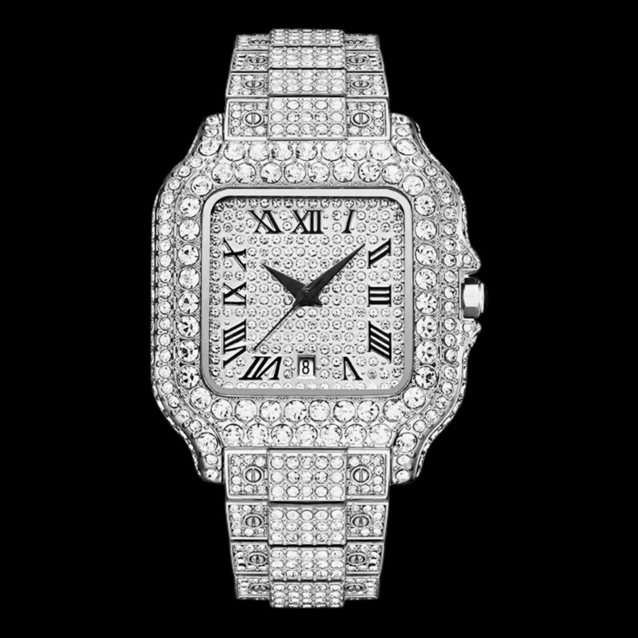 Iced Out Diamond Bezel Square Silver-Tone Roman Numeral Analog Bracelet Watch