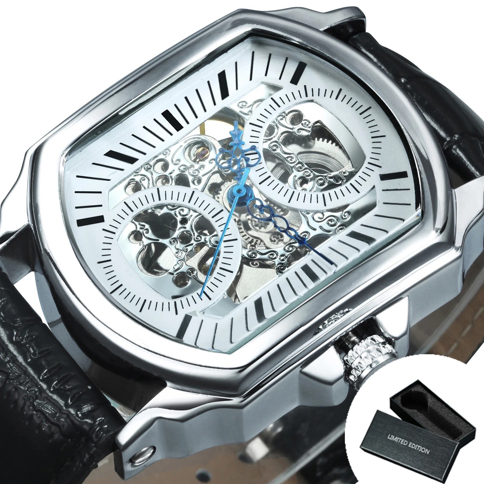 Luxury Mechanical Skeleton Watch Men Blue Hands Automatic Leather Strap Gift
