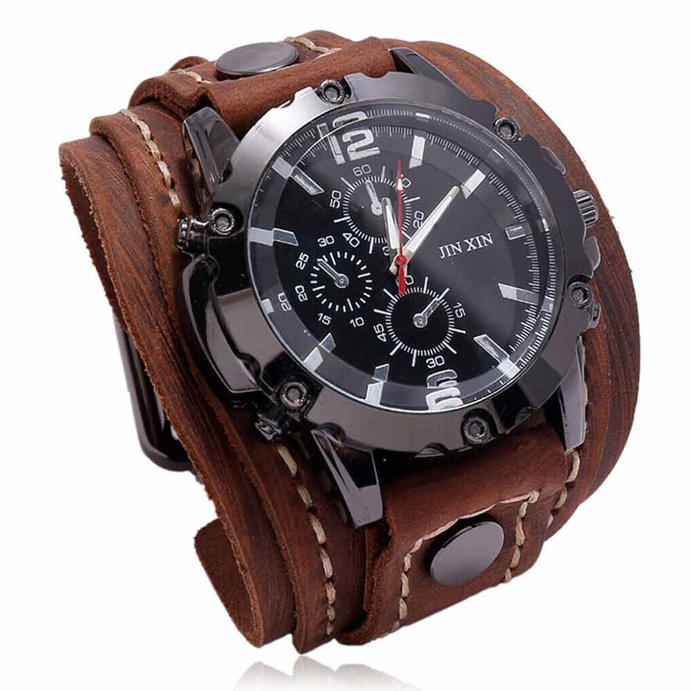 Military Retro PU Leather Strap Watch – Men’s Punk Quartz Cuff Wristwatch