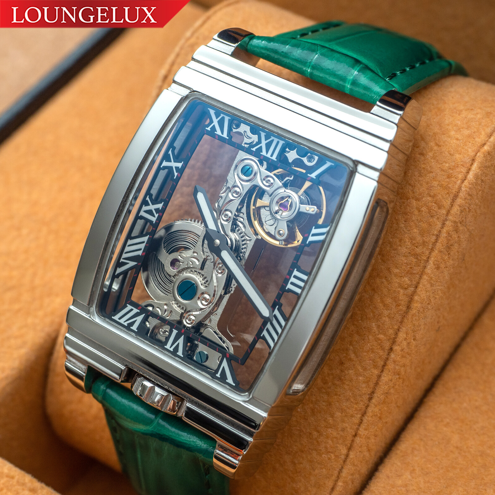 Mens Silver Bridge Manual Mechanical Skeleton Watch – Silver Green Leather Strap