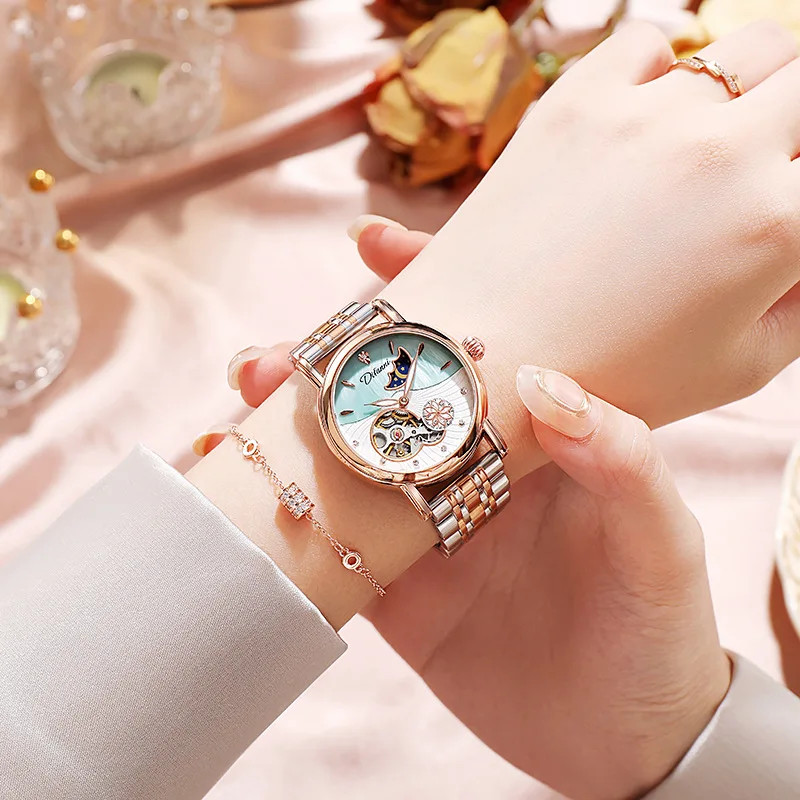 Women’s Automatic Flower Rotating Moonphase Watch Luxury Waterproof Luminous
