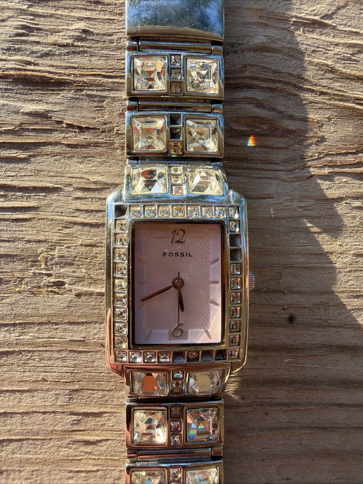 Fossil Silver Tone Watch ES-1712 Pink Dial Crystal Bezel & New Battery