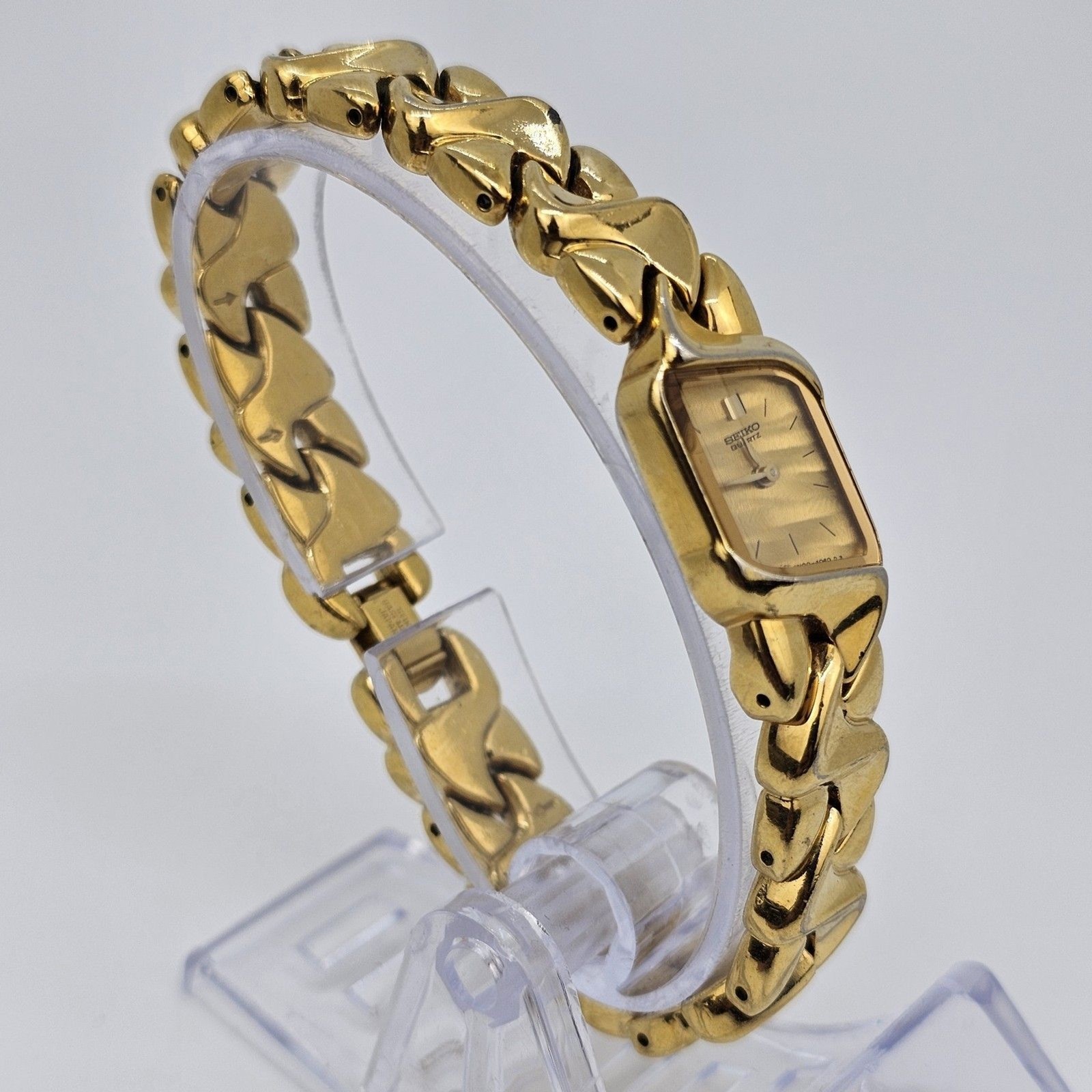 Seiko Women’s Watch 16MM Asymmetrical Gold Dial Bracelet Band 7″ New Battery