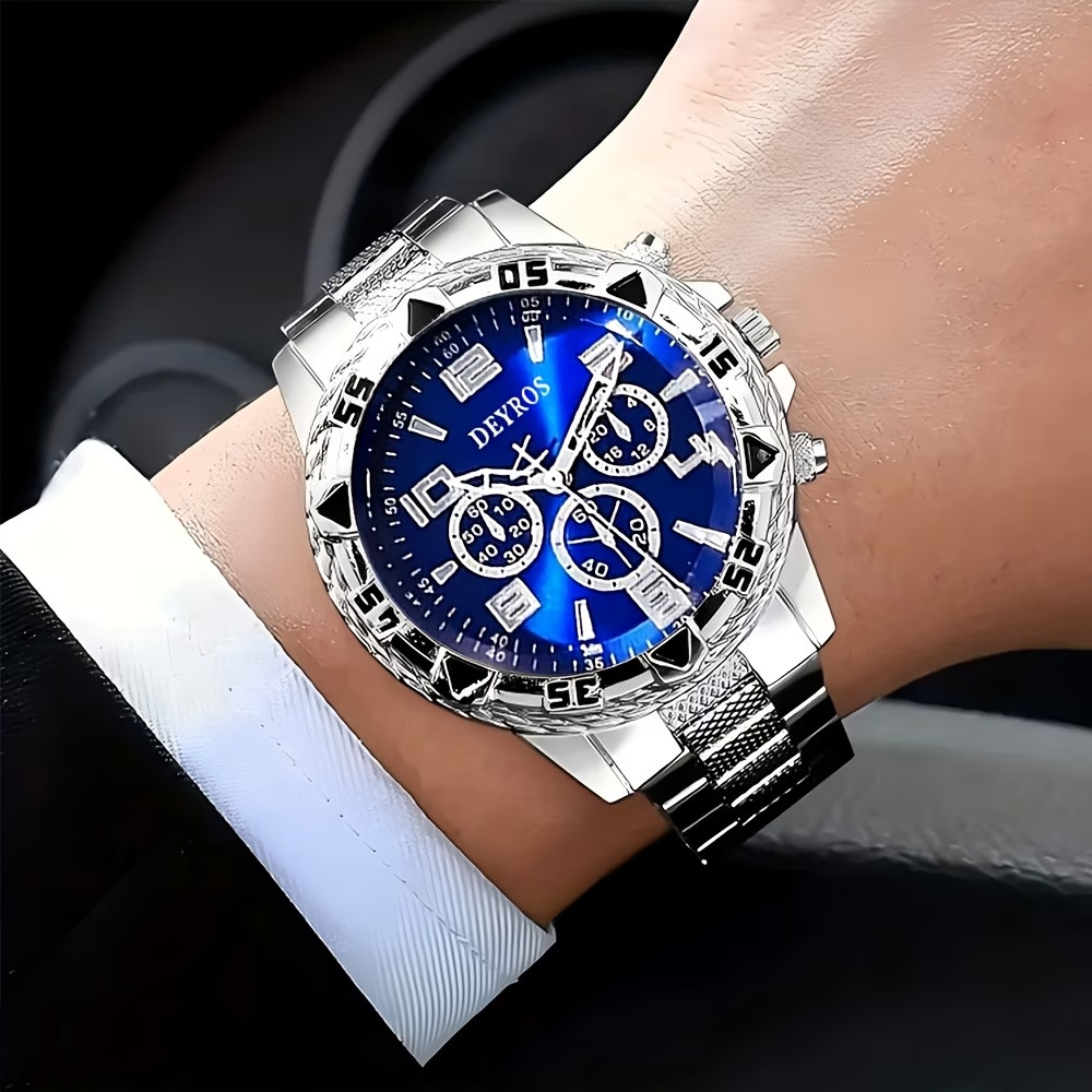 Luxury Men Quartz Wristwatch Stainless Steel Band Round Alloy Case Blue
