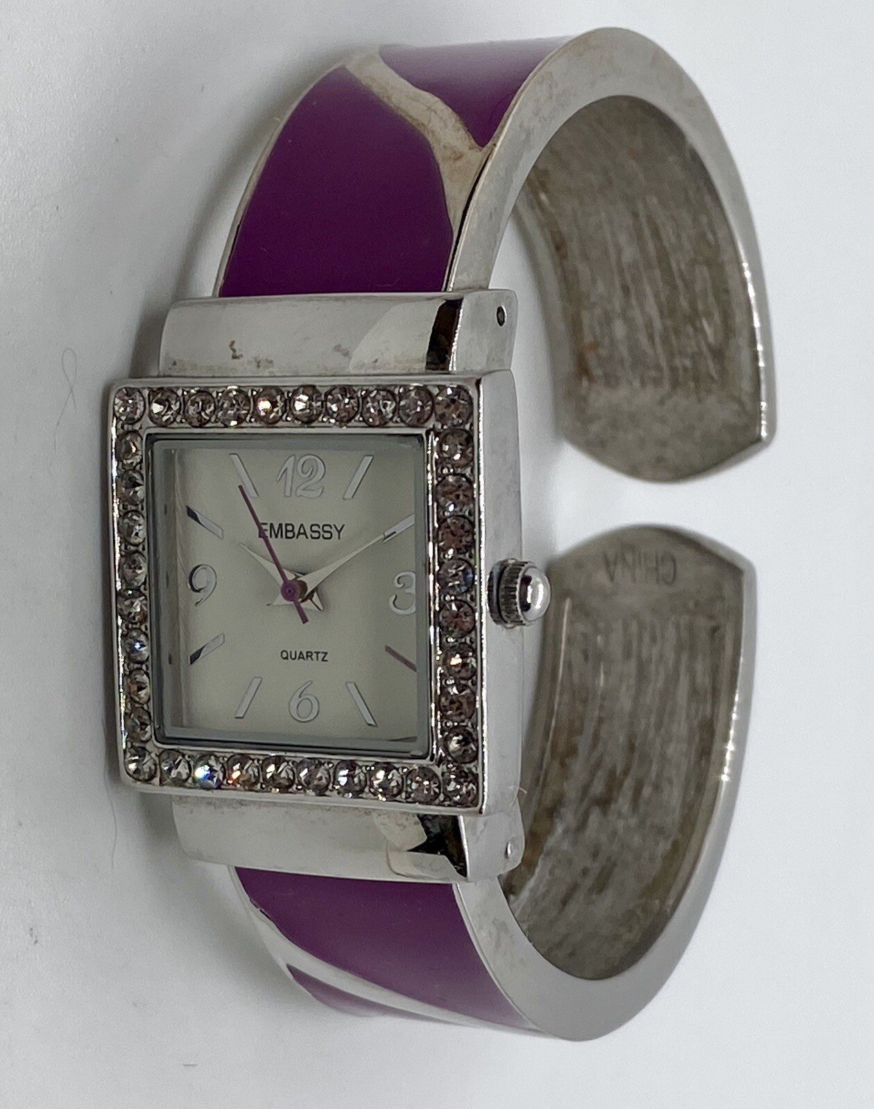 NEW EMBASSY Ladies Watch Fresh Battery Purple/Silver Hinged Cuff Gemmed Case