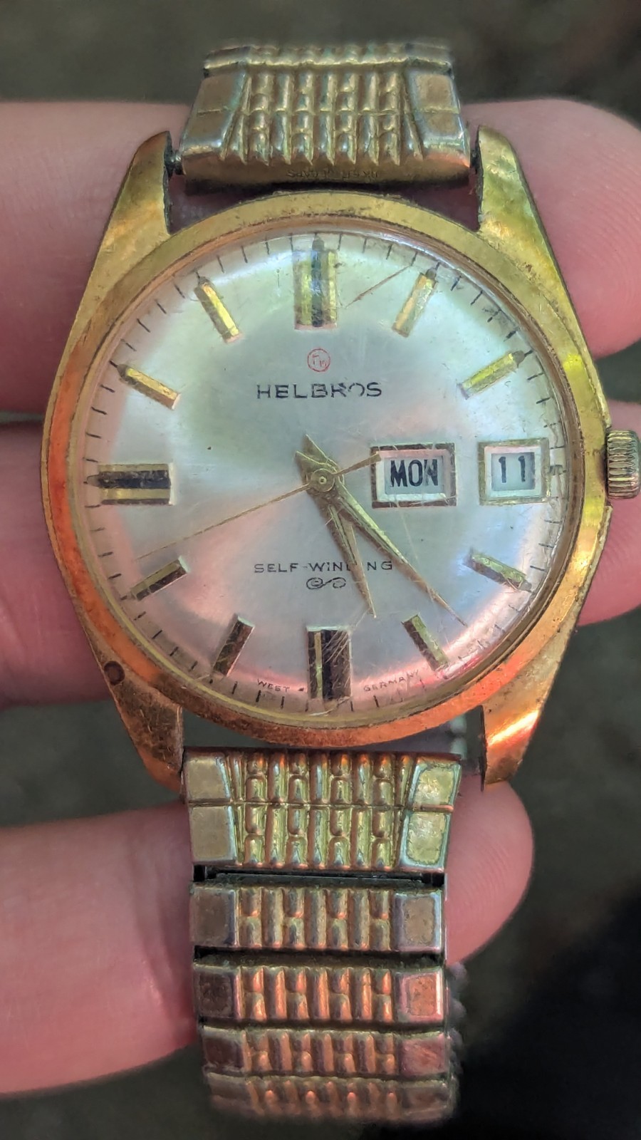 HELBROS WATCH AUTOMATIC DAY DATE CAL.PUW 1363 GOLD PLATED MENS West GERMANY