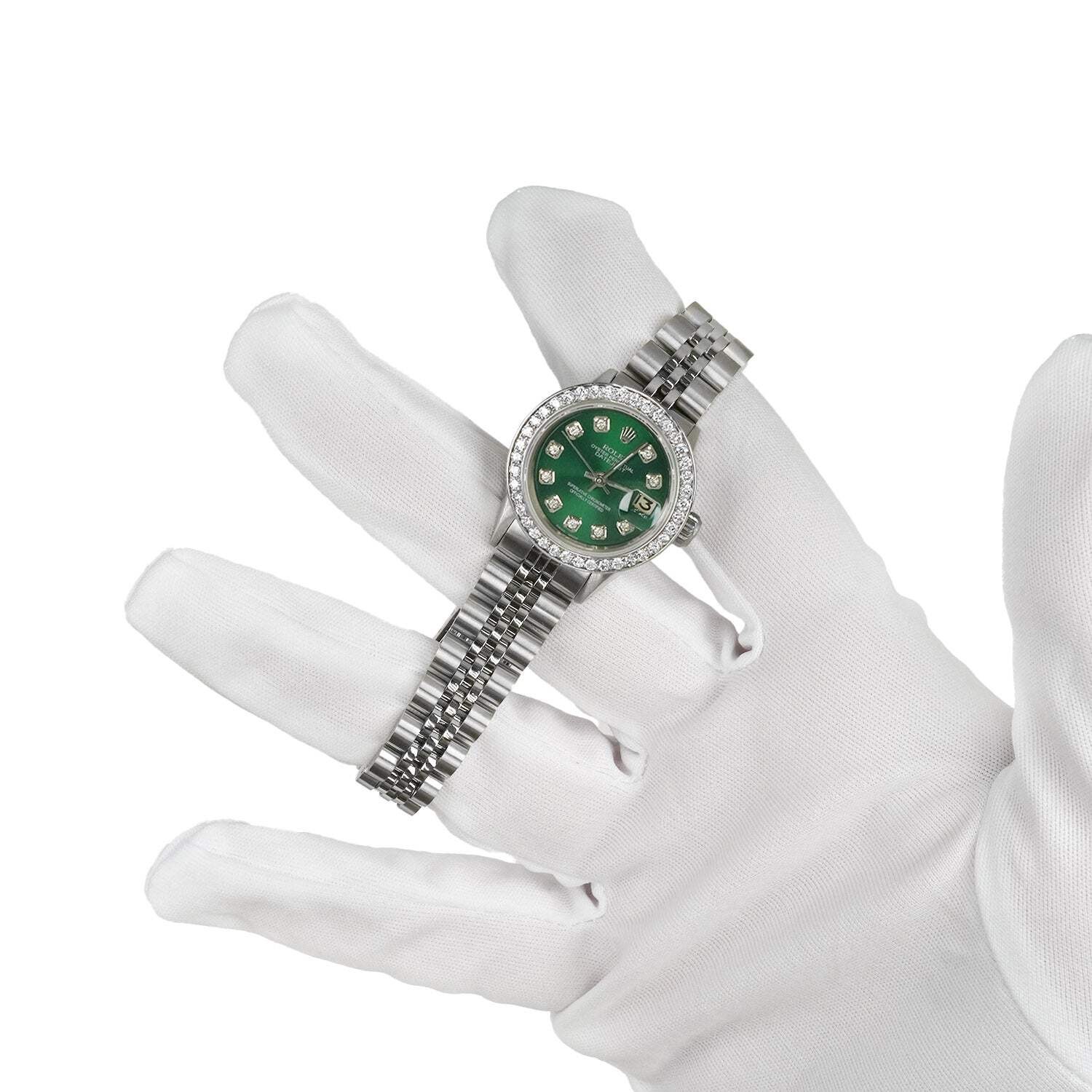 26mm Rolex Datejust 1601 18k White Gold Diamond Bezel Green Dial Women’s Watch