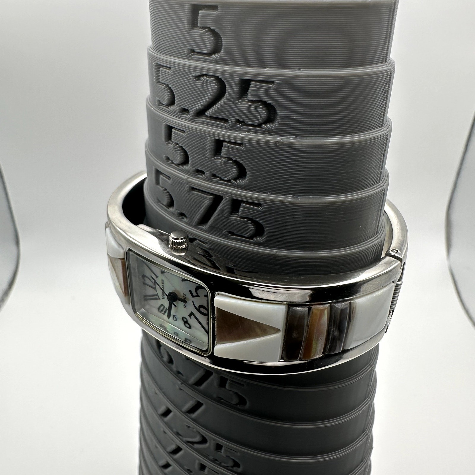 Versales Quartz Bangle Watch Silver Tone Rectangular Dial Mother of Pearl