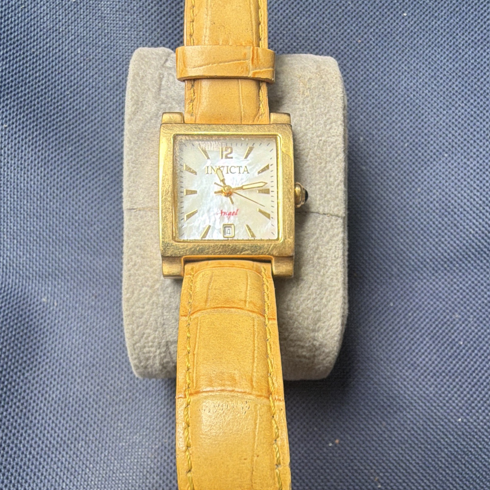 Invicta Angel Women’s Square Gold-Tone White Dial Quartz Date Tan Leather 50m