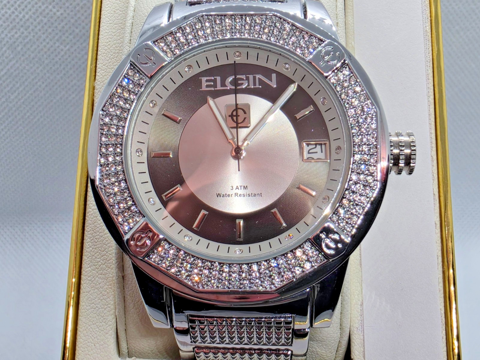 Elgin Men’s Watch 216 Crystals Diamond Indices Date Window SS Band 46mm FG160032