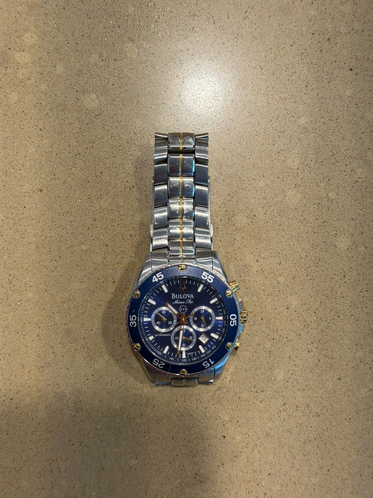 Bulova Marine Star Chronograph Watch Men 41mm Blue Dial Two Tone Date – Used