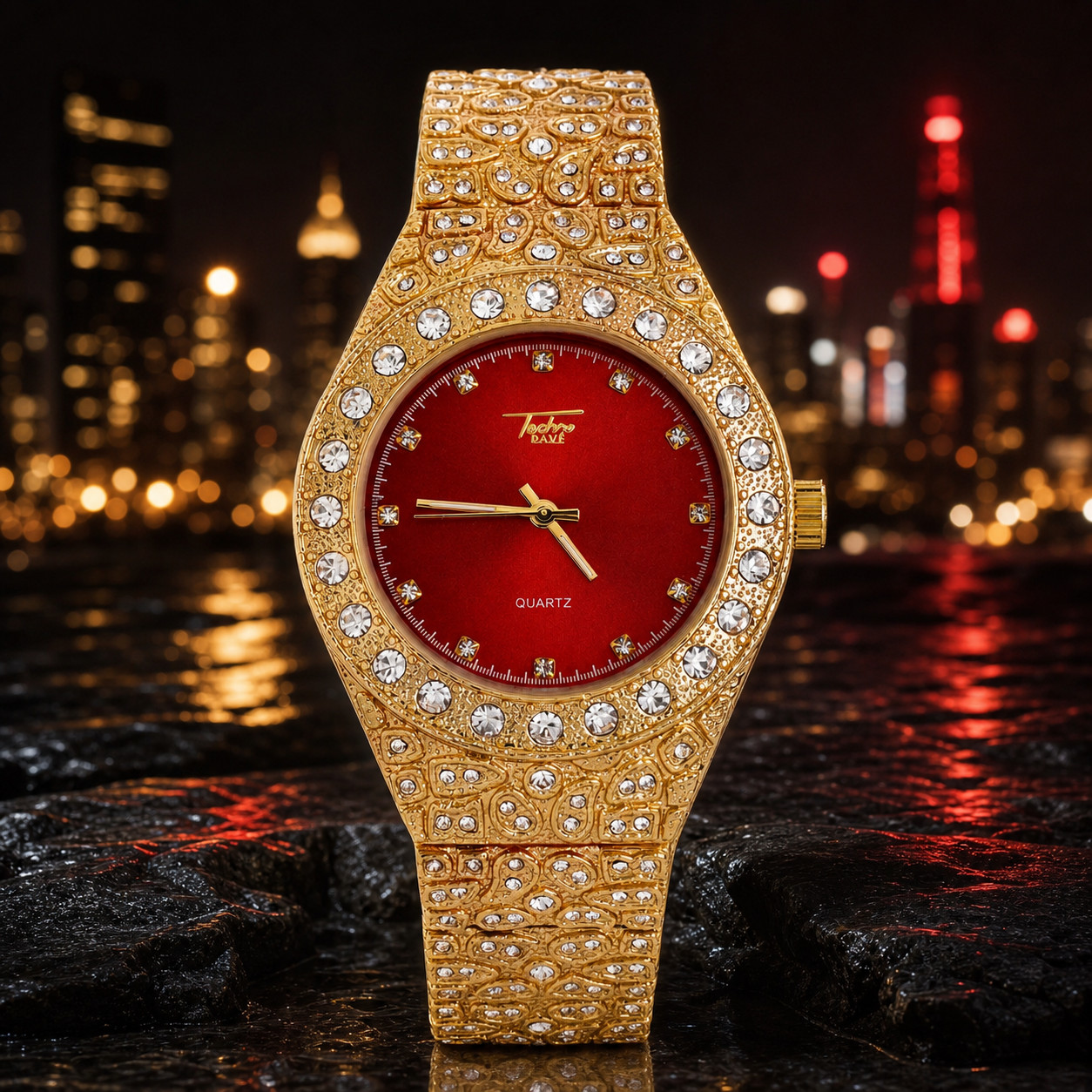 Mens Gold Plated Iced Out Pave Set CZ Nugget Fashion Metal Band Watch Iced Bling
