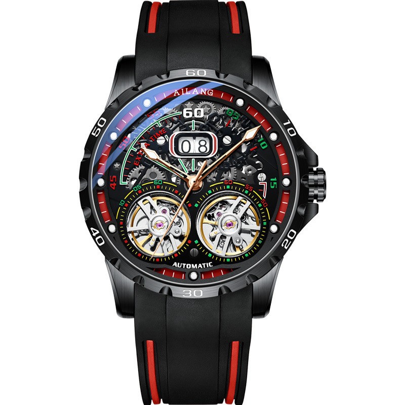 AILANG Men’s Hollow Out Calendar Luminous Tourbillon Automatic Mechanical Watch