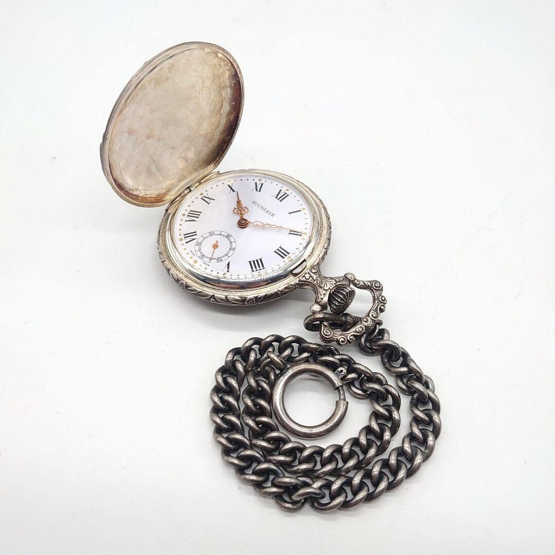 Vintage BUCHERER wind up pocket watch crest pattern & Landscape No Tested F/S