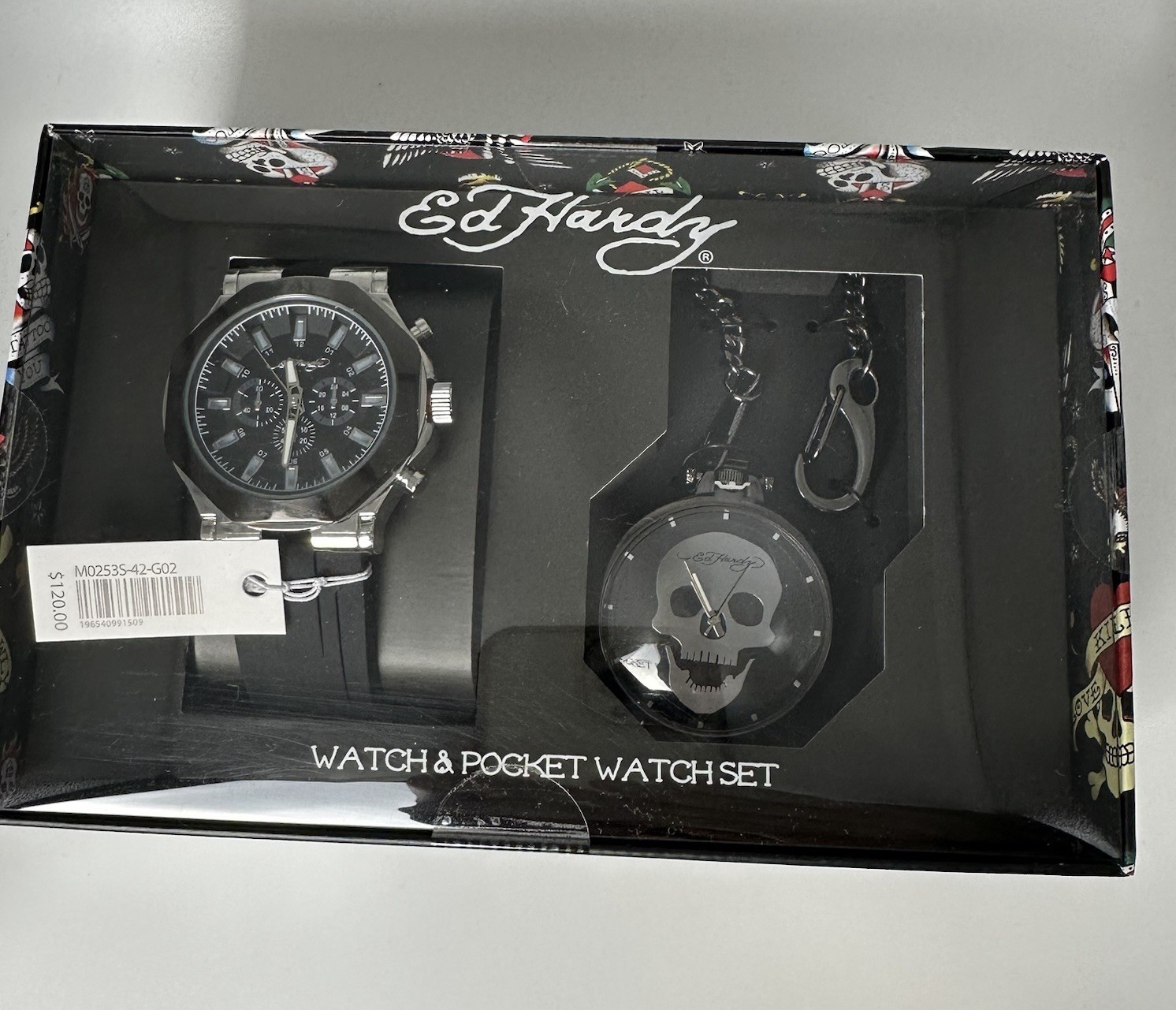 Rare New Ed Hardy Logos Men’s 2 Pc Skull 💀 Skeleton Pocket Watch Set $120 MSRP