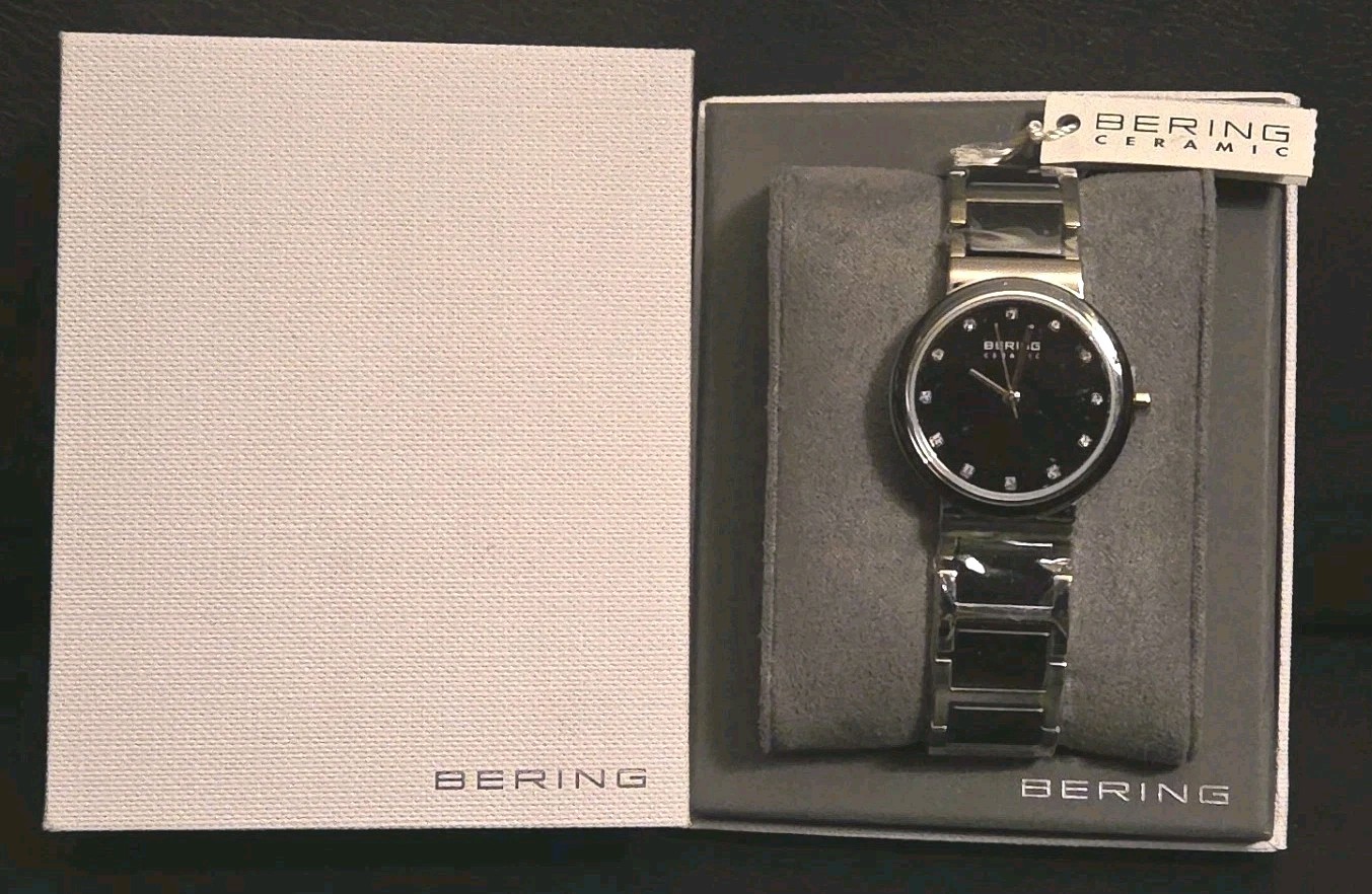Bering Time Women’s Ceramic Silver Steel & Black Ceramic Links Watch 10729-AZ2
