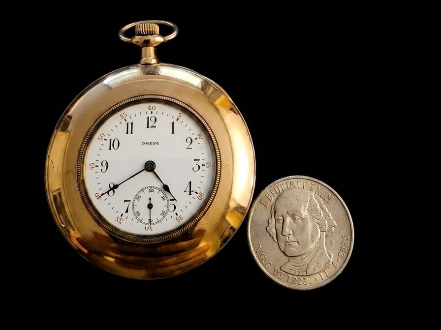 OMEGA 15 Jewel Gold Filled Yellow Open Face Pocket Watch Arabic Sub Seconds