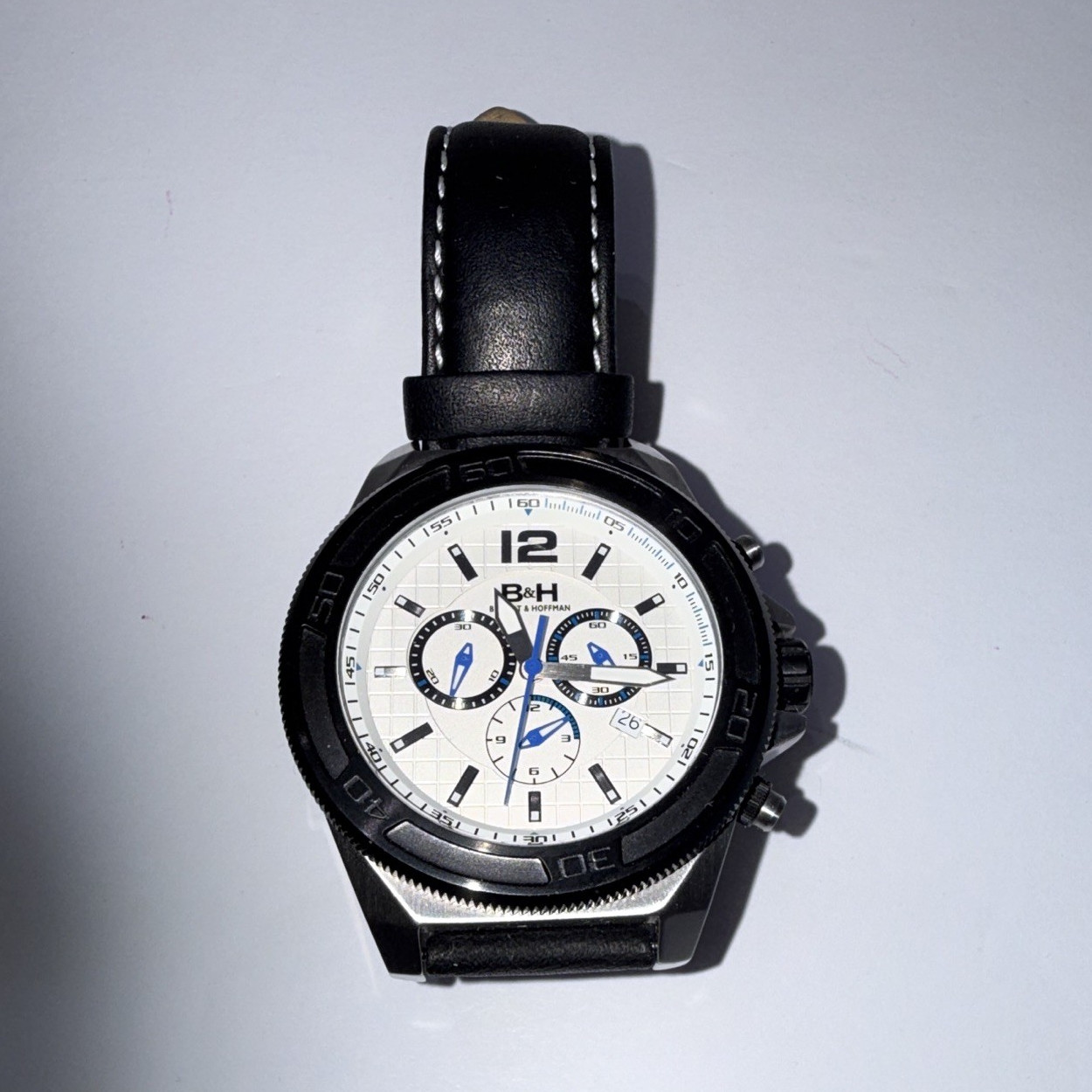 B&H Men’s Quartz Chronograph Wristwatch Date, White Dial, Black Leather Band