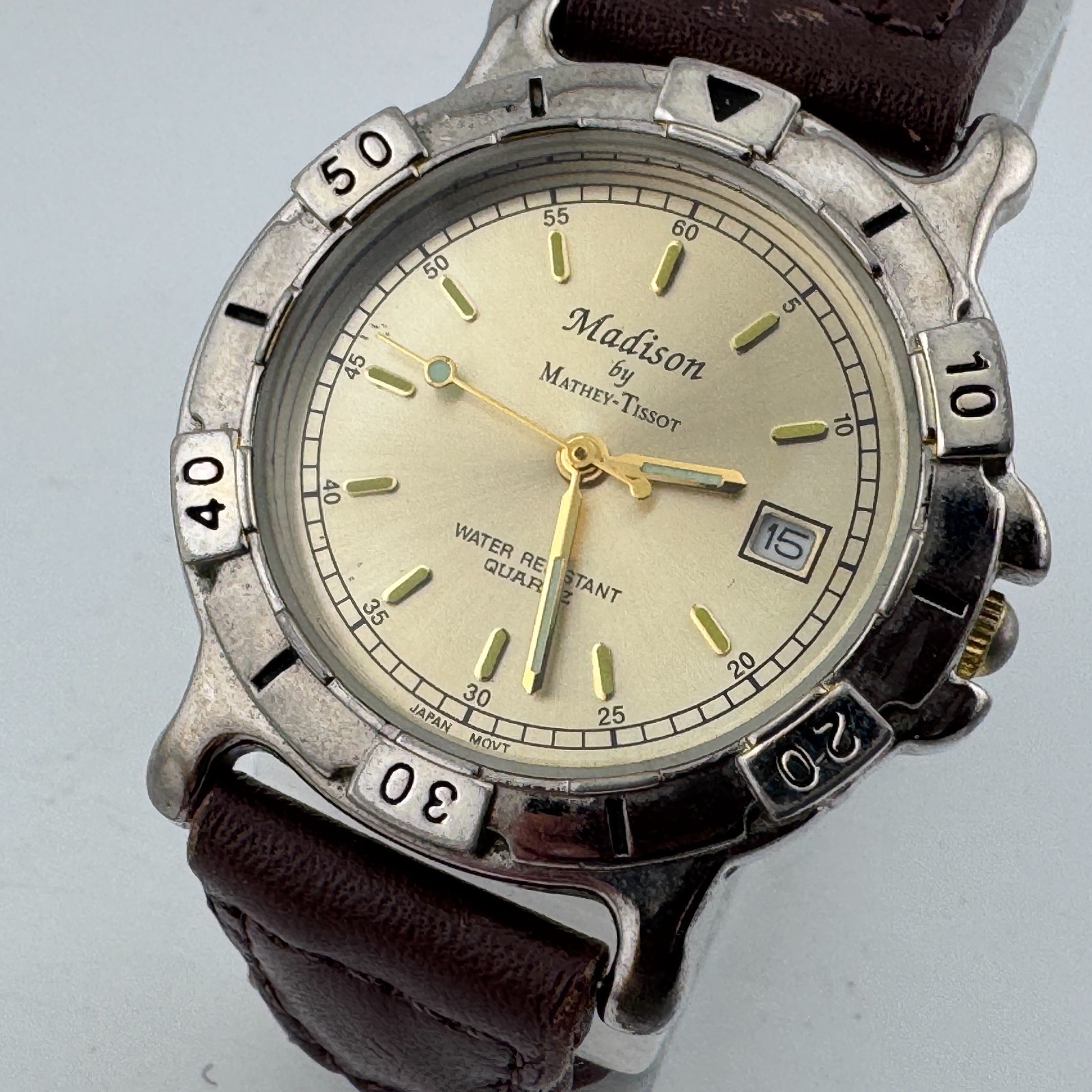 Madison by Mathey-Tissot Quartz Watch Men Silver Leather Fixed Bezel New Battery