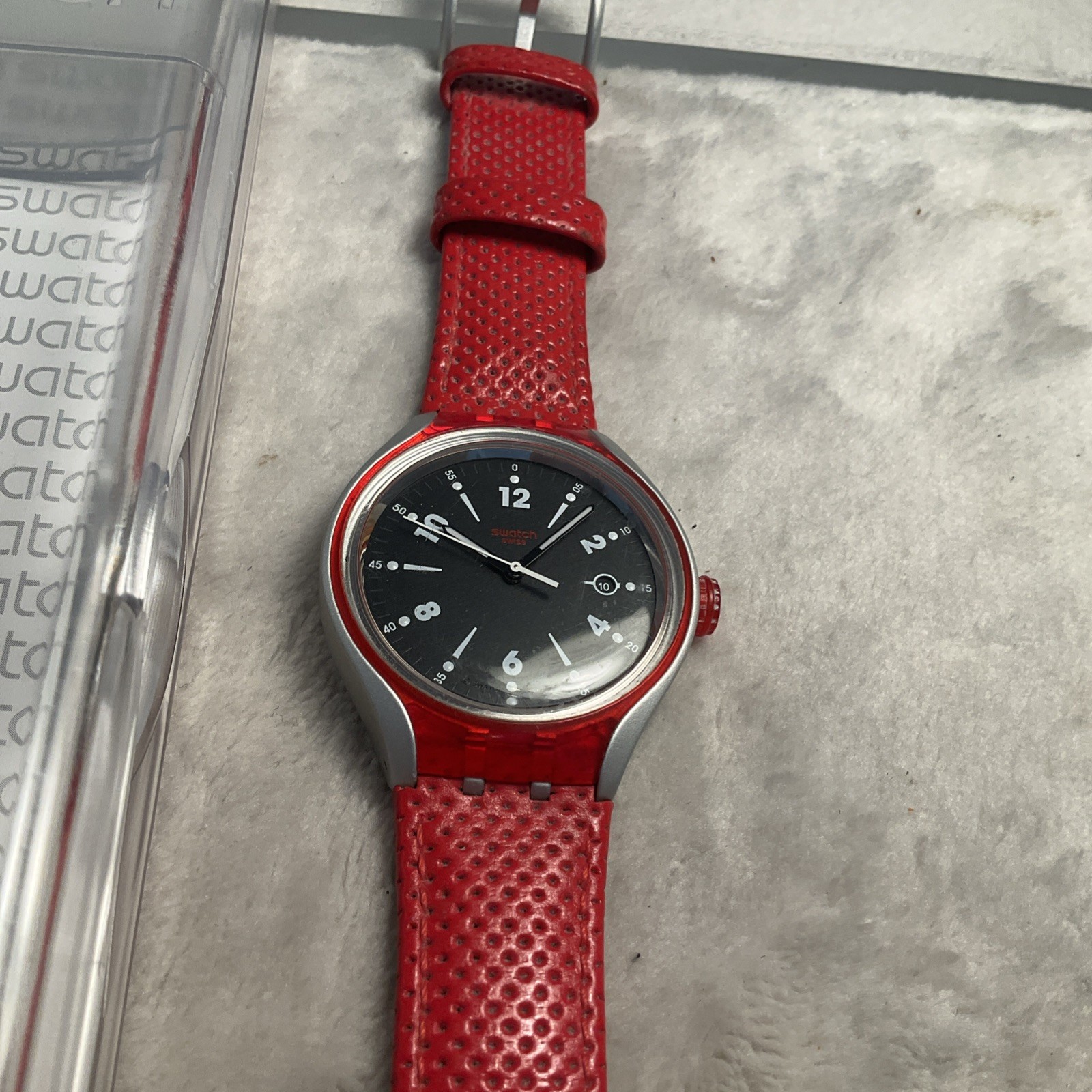 New Swatch Irony GO JUMP X-lite Aluminum Red Leather Men’s Watch YES4001 Works!
