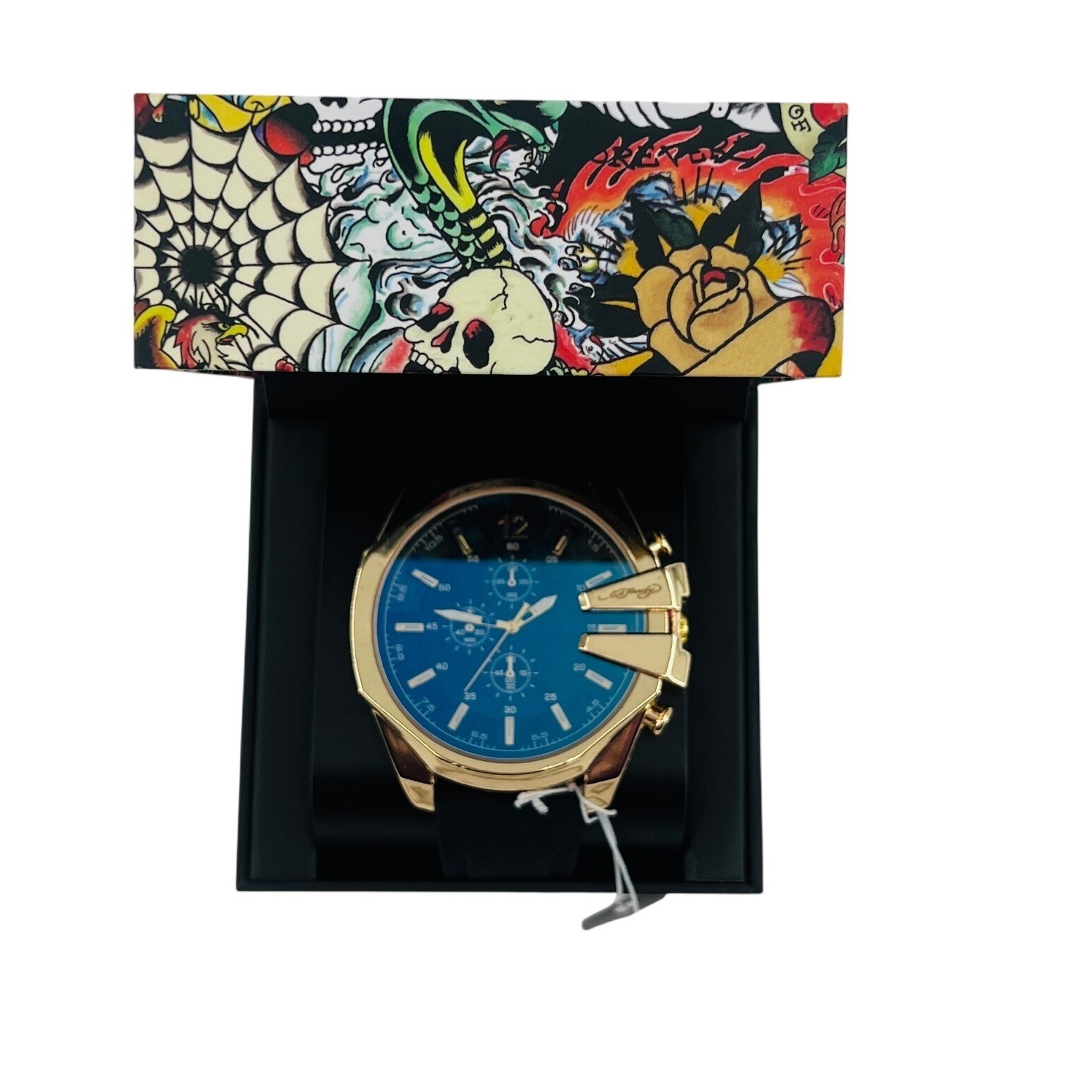 Ed Hardy Chronograph Watch Mens OS Gold Black Skull Tattoo Box Bling Y2K NWT
