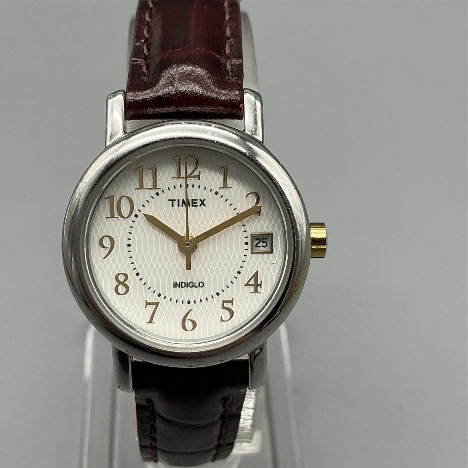 Timex Indiglo Womens Watch 25mm White Dial Silver Tone Brown Leather New Battery