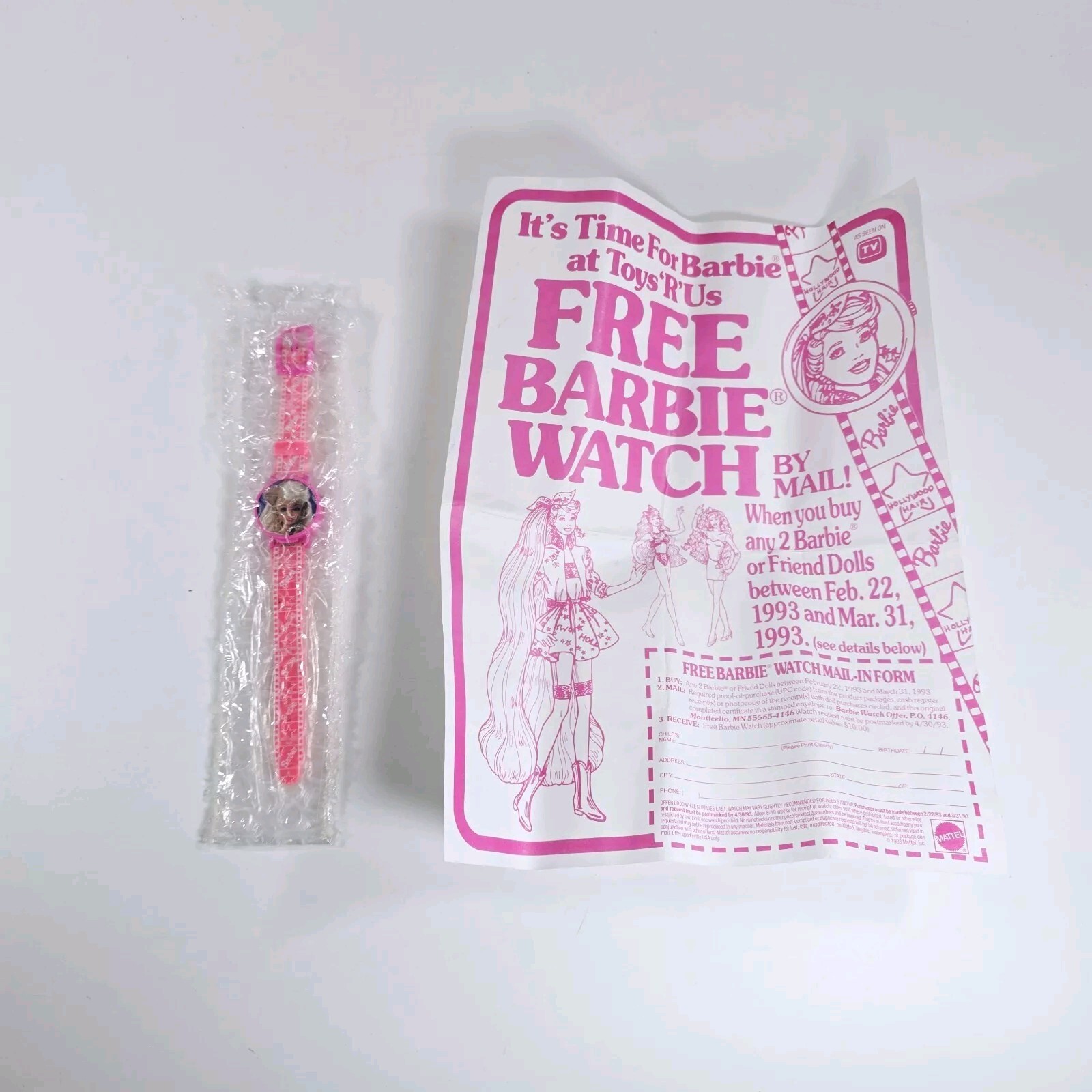 Childrens BARBIE WRIST WATCH 1993 Toys R Us Mail In Offer New + Form Rare!