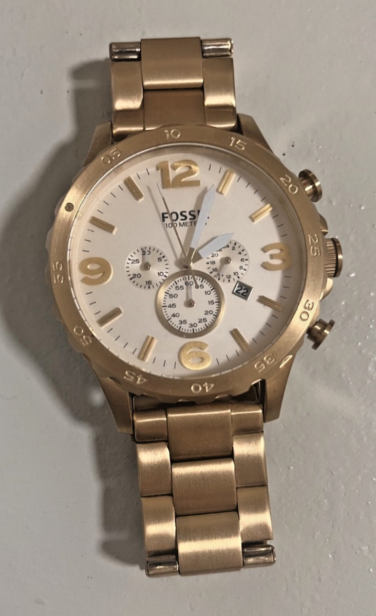 Fossil Gold Tone Watch – 100 Meter – White Dial – Chronograph Style – Stainless
