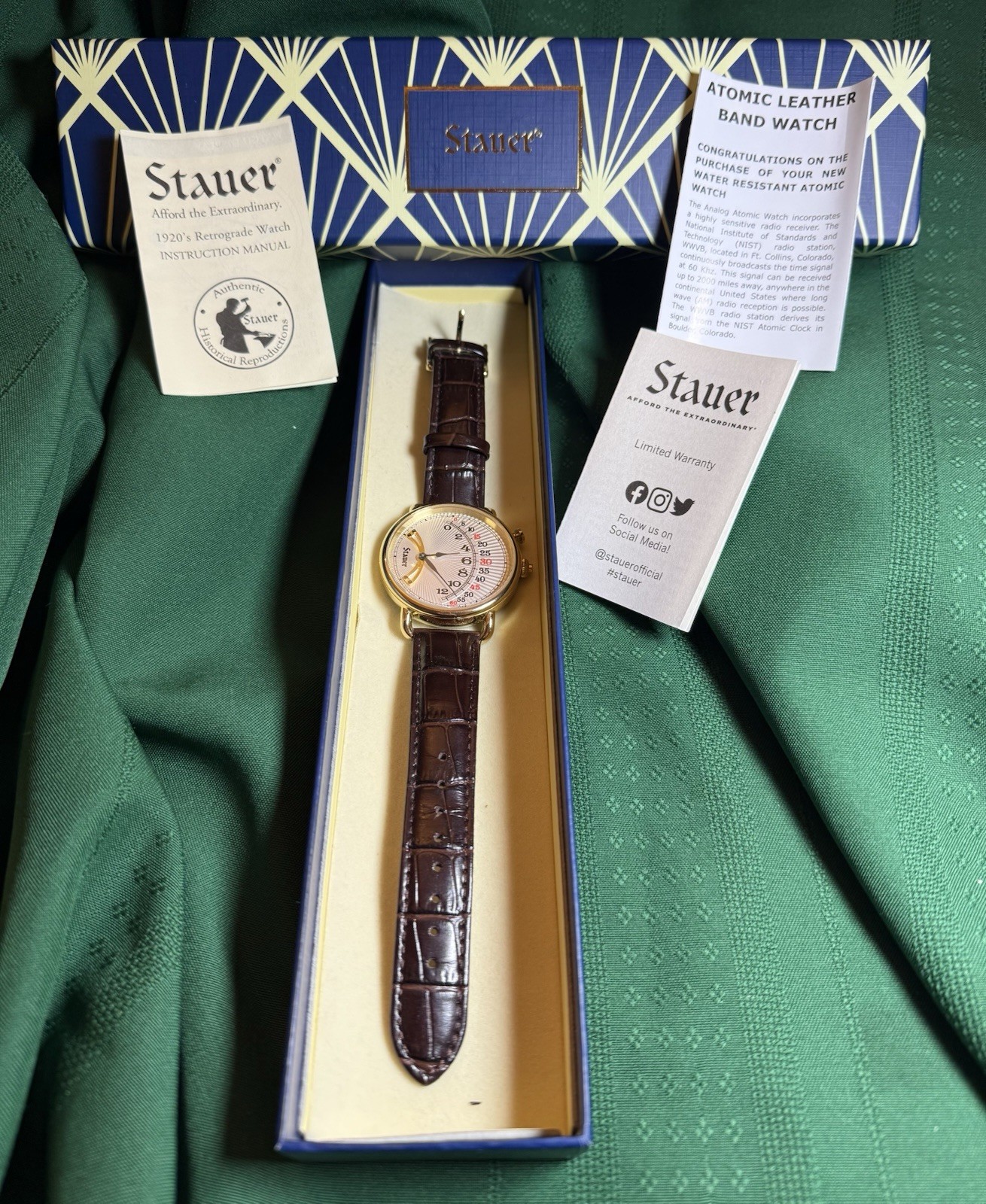 44mm 1920s RETROGRADE White Sunburst Dial | Goldtn Case| Brown Band STAUER Watch