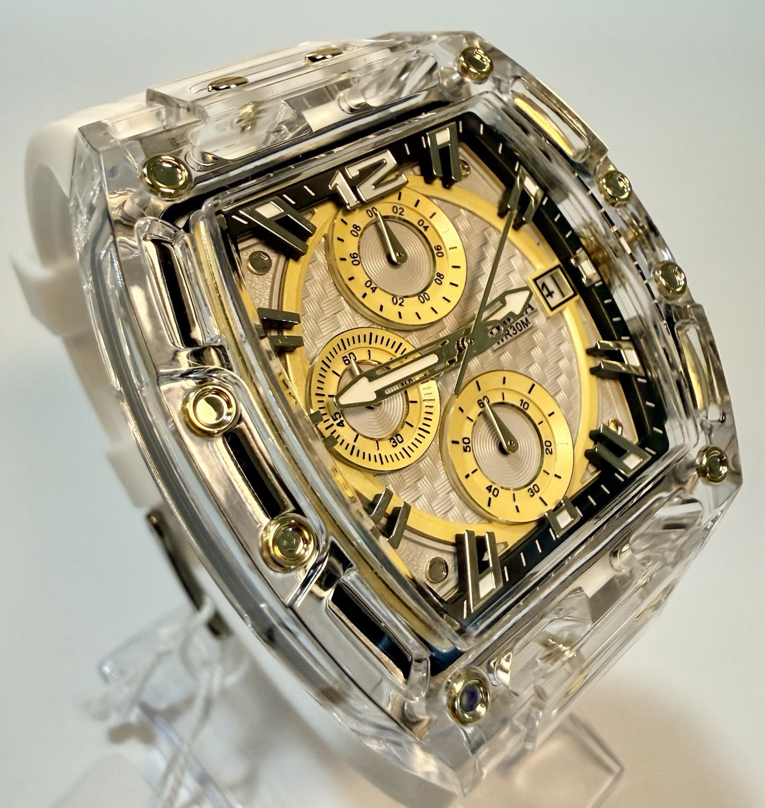 Invicta S1 Rally 42mm Gold Dial Clear Quartz Chronograph White Silicone Watch 70