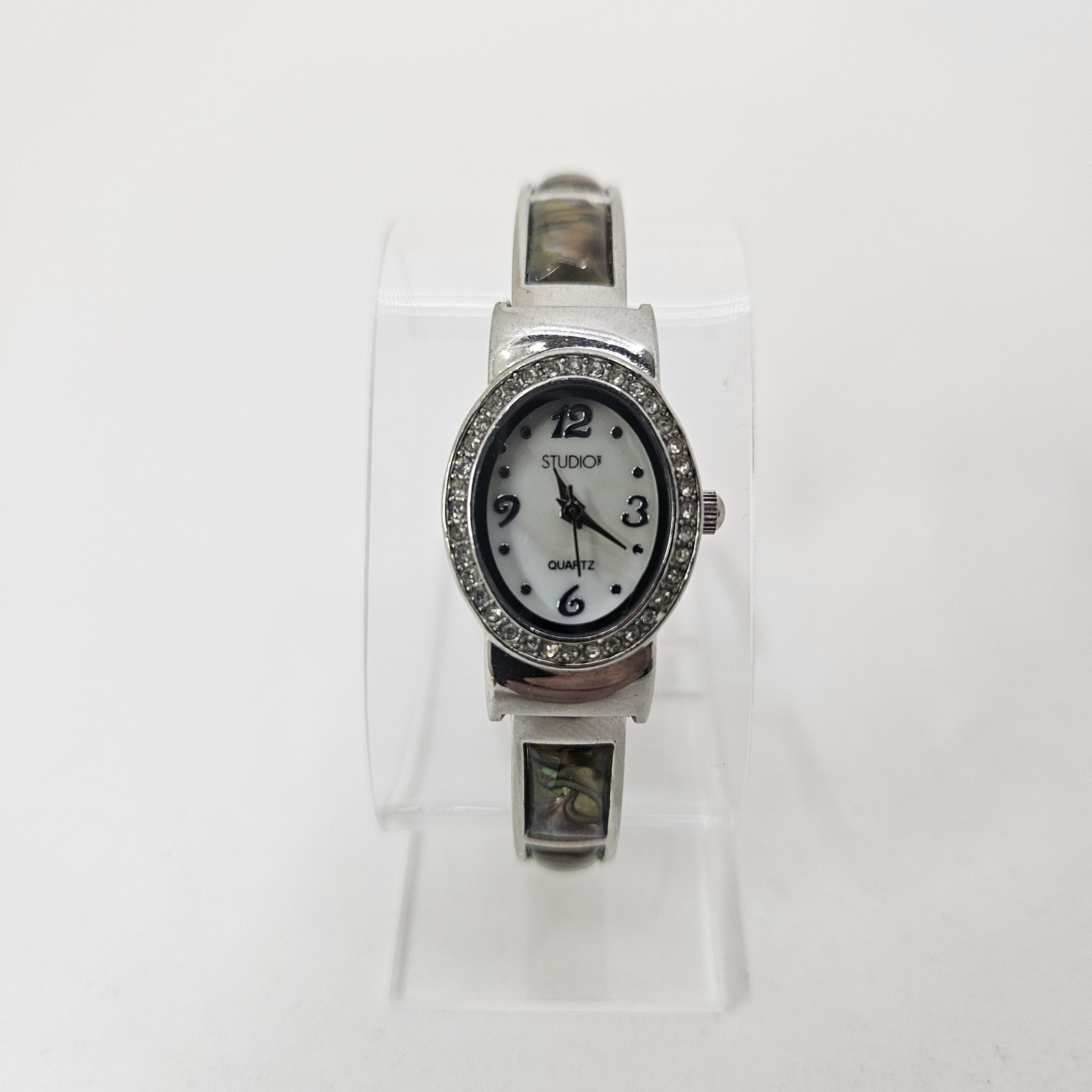 Studio Quartz Women’s Silver-Tone Bangle Watch with Rhinestone Bezel & Abalone