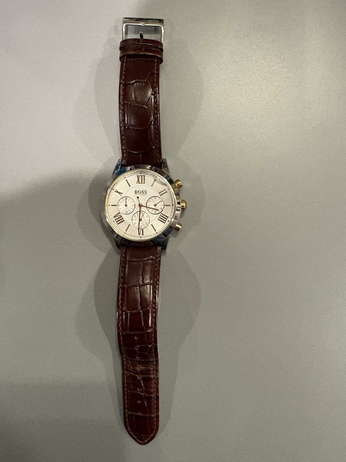 BOSS Men’s Chronograph Quartz Watch Silver Dial Brown Leather Strap Silver Case