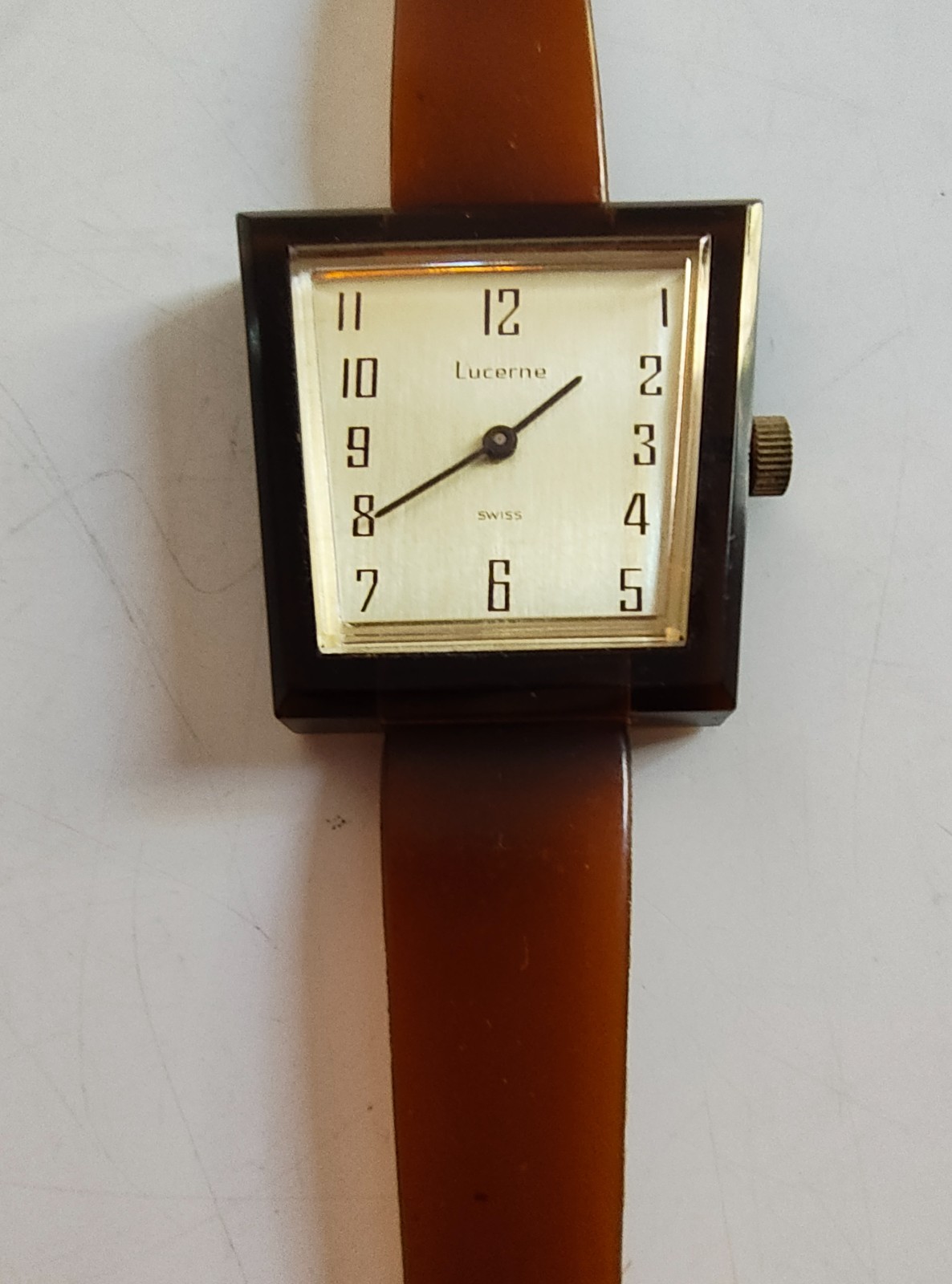 Vintage Lucerne Lucite Acrylic Watch Mechanical Wind up trapezoid face brown