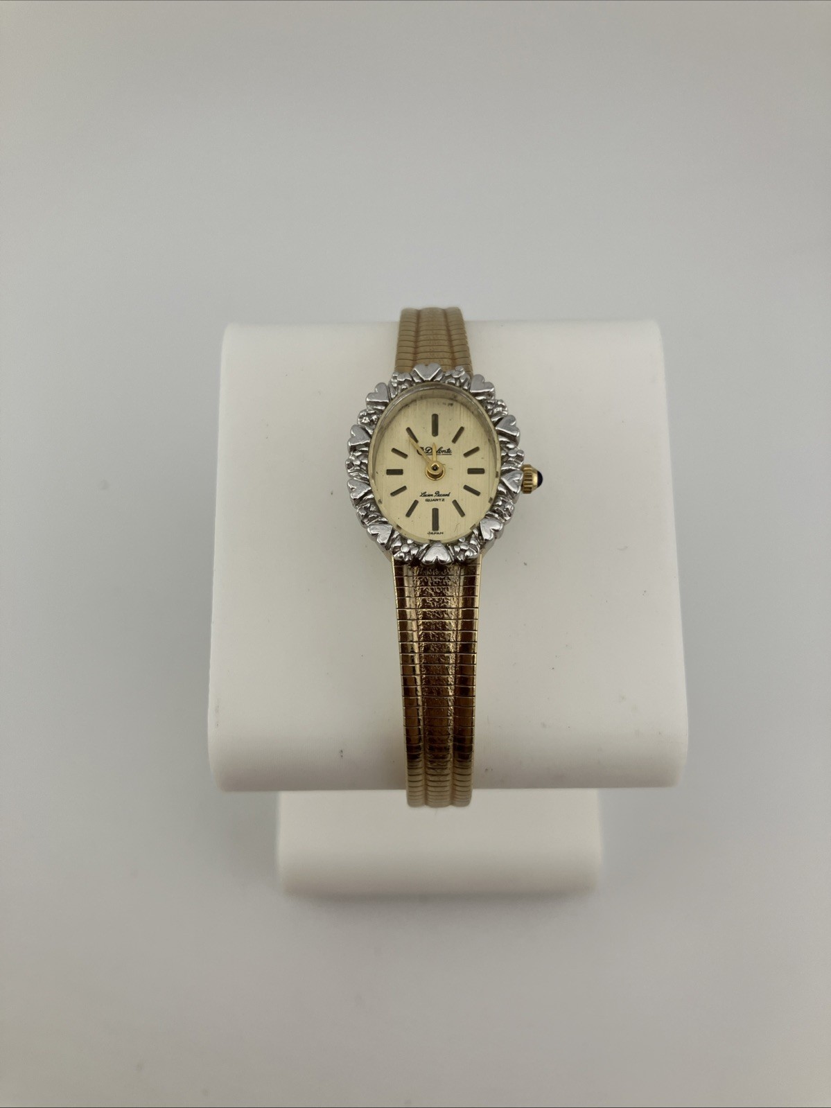 Vtg Dufonte LP Ladies 17mm Watch Gold Tone Diamonds/Heart Bezel Adjustable -RUNS