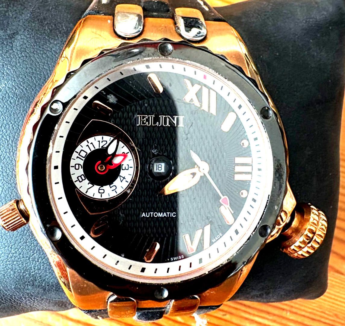 ELINI GENESIS Men’s Watch-46mm Auto Swiss Made 25J-DUAL TIME-Black & Rosetone